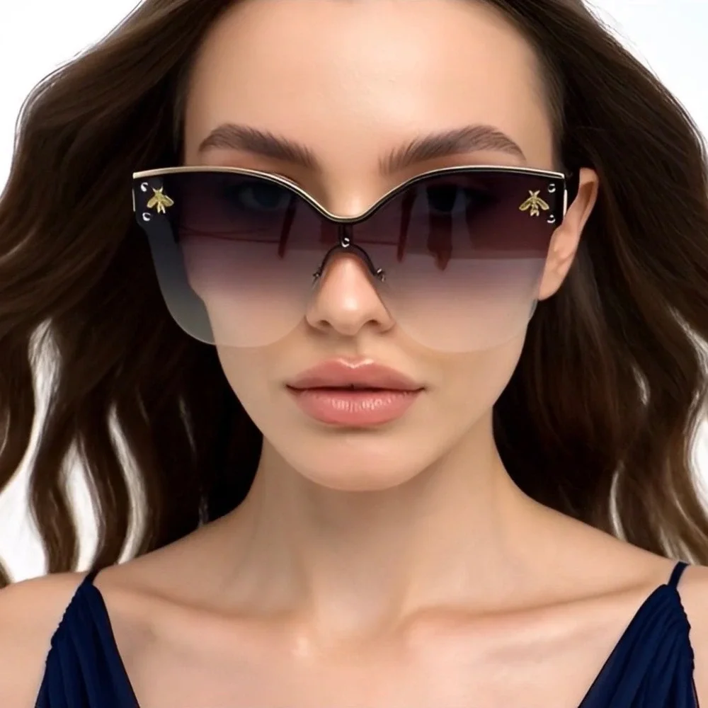 Rimless Shield Sunglasses Bee Gold UV400 Protection Fashion Shades Eye‎ Glasses